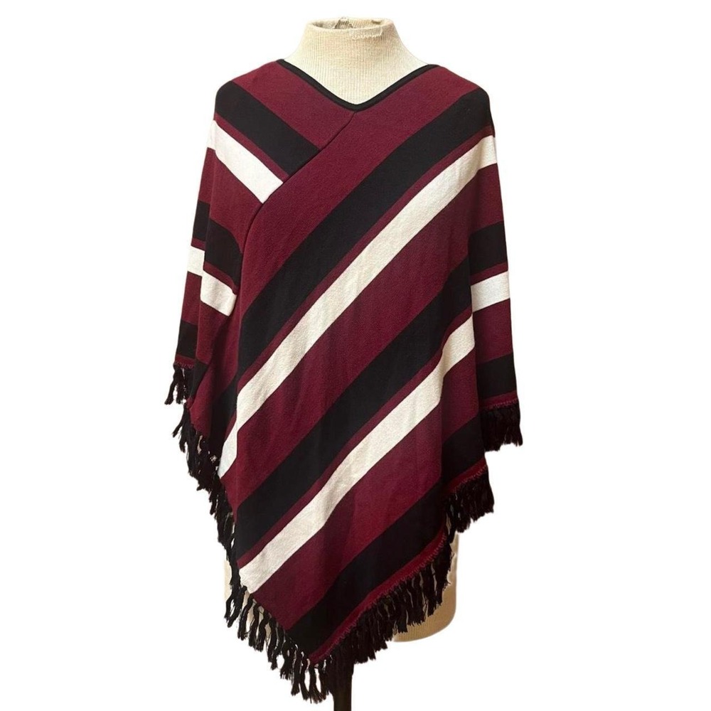Burgundy Stripe Knit Poncho Fringed Knit Wrap Sweater Academia - Sz Large